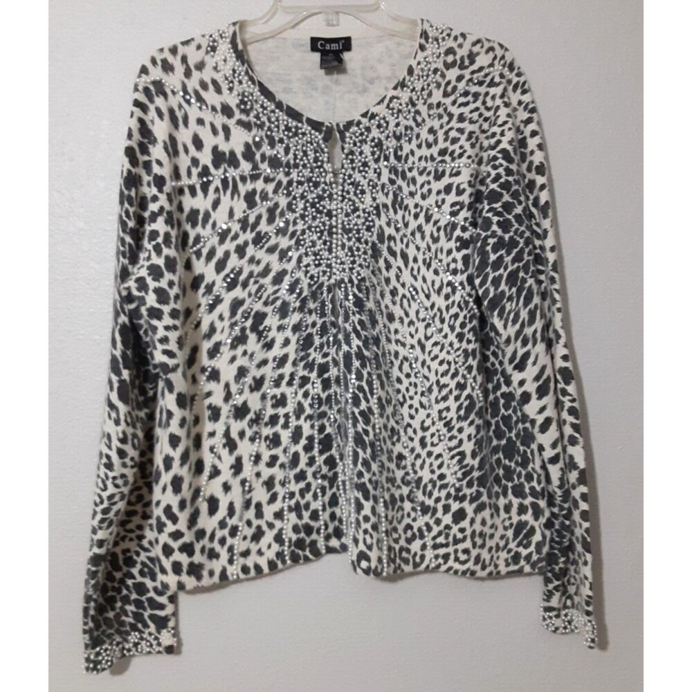 Cami Angora XL Gray Ivory Animal Print Pearl Rhinestone Cardigan Sweater Lg SLV